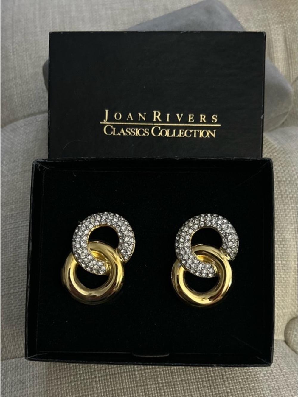 Joan Rivers VintageClip On Earrings Pave Rhinestone Gold Tone Interlocking LooP